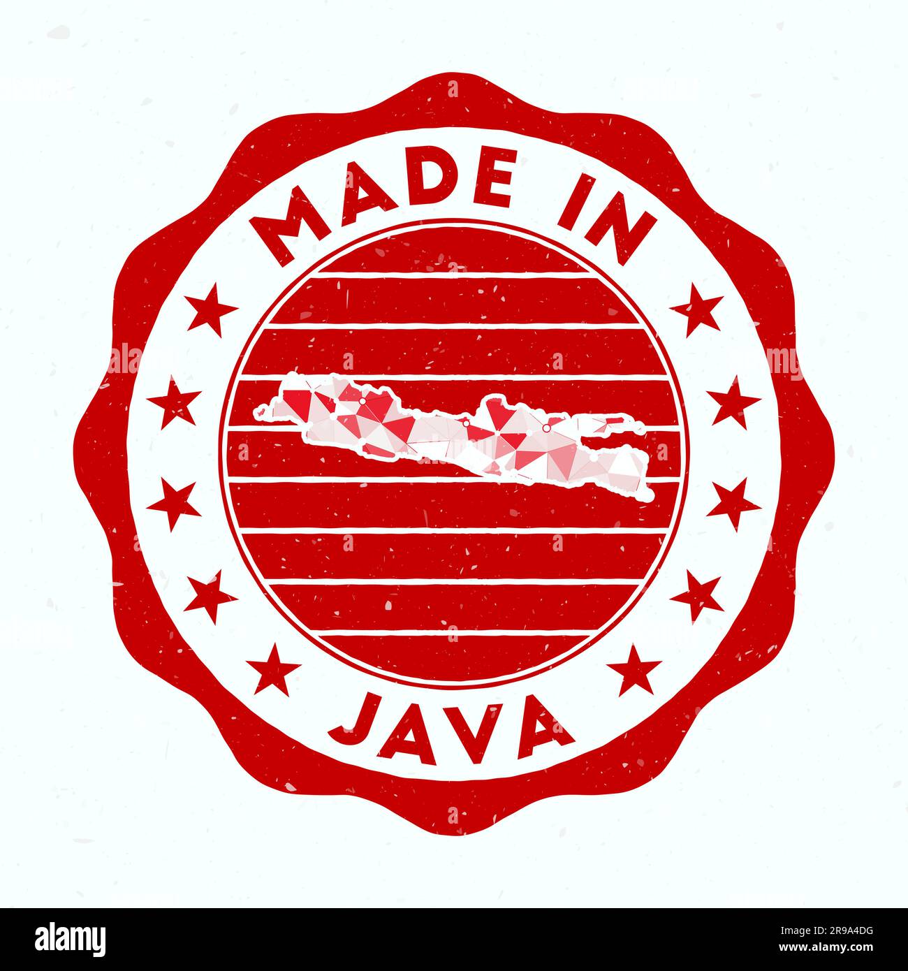 Hergestellt in Java. Runder Inselstempel. Java-Dichtung mit Randform. Vintage-Abzeichen mit kreisförmigem Text und Sternen. Vektorabbildung. Stock Vektor
