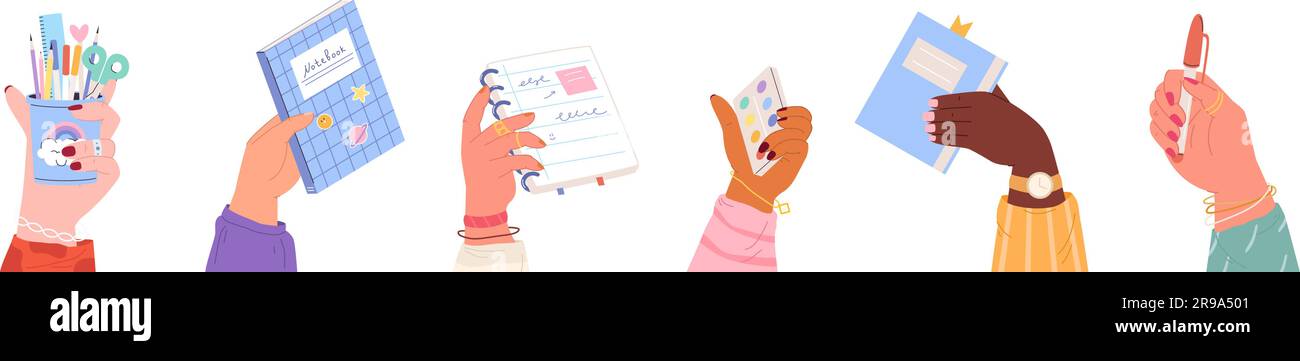 Hände mit Schreibwaren und Büchern, Notizbuch und Stift. Stilvolle Schülerhand mit Ringen und Armbändern, Bildung, Management-Vektorset Stock Vektor