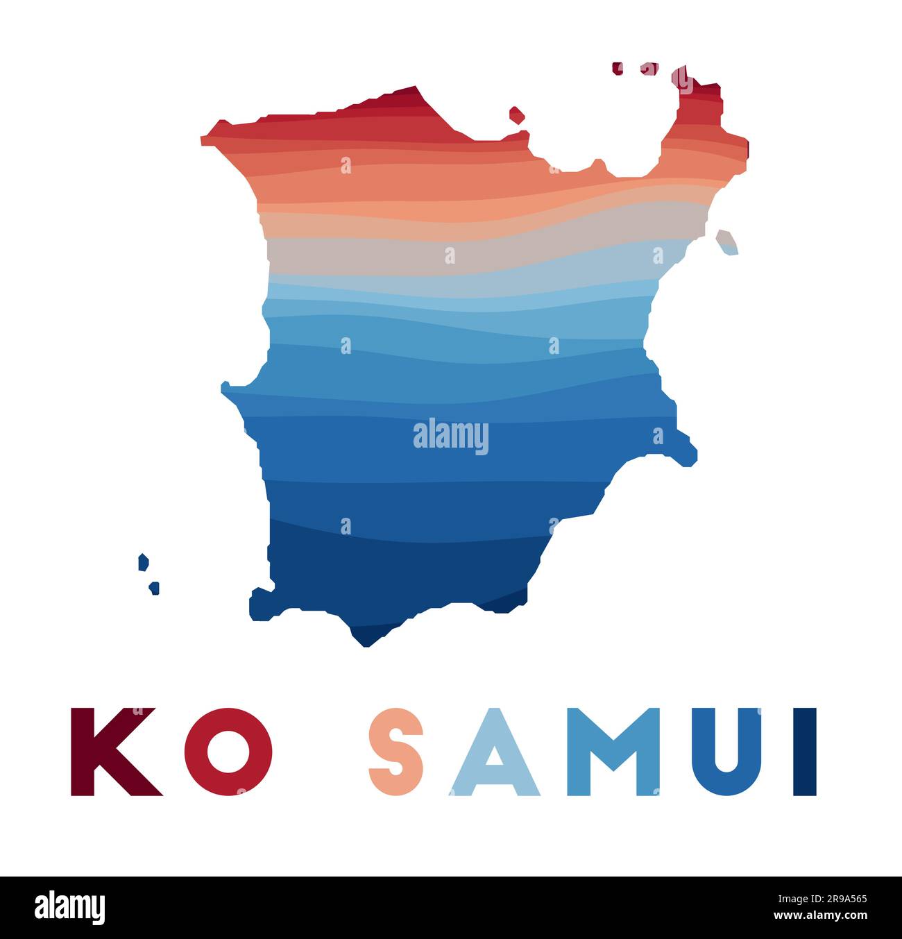 Ko Samui Karte. Karte der Insel mit wunderschönen geometrischen Wellen in rot-blauen Farben. Lebendige Ko Samui-Form. Vektordarstellung. Stock Vektor