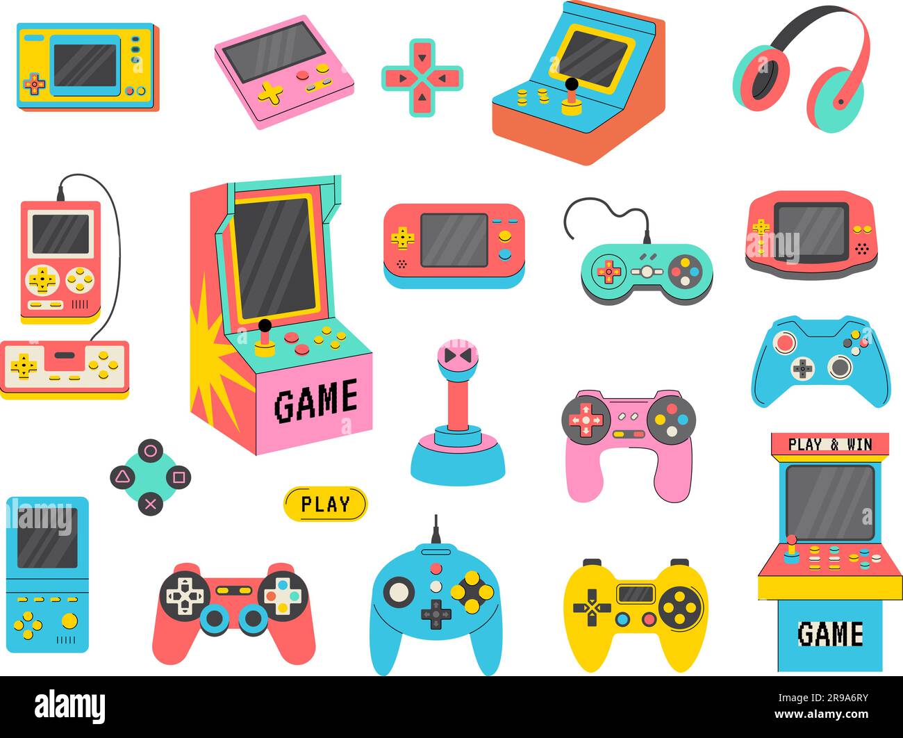 Spielkonsolen. Klassische Retro-Gadgets für Kinder, die Spaß haben, sich entspannen, Spielspaß spielen, neuere, mit Vektoren gestaltete Bilder Stock Vektor