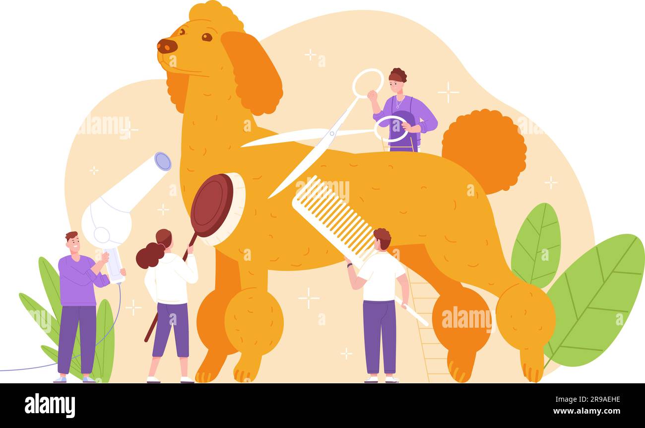 Menschen, die Hunde pflegen. Kleine Groomer oder Friseure, die Felle von wunderschönen Hündinnen schneiden, Pflege-Service-Konzept, Hündchen Hunde Friseur-Werkzeug-Vektor-Illustration von Tierpflege Stock Vektor