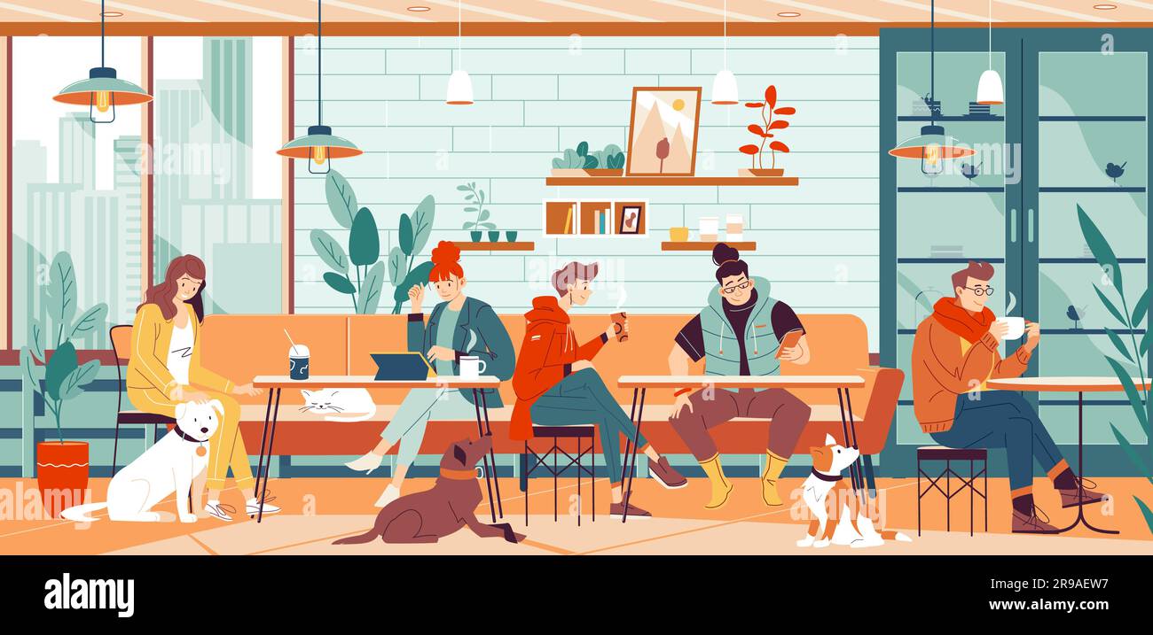 Haustierfreundliches Restaurant. Haustierbesitzer warten auf Freunde in einem haustierfreundlichen Café, Leute mit Hundewelpen oder Katzen zum Mittagessen, die Kaffee trinken, Tiere Lebensstil Vektor Illustration des haustierfreundlichen Restaurants Stock Vektor