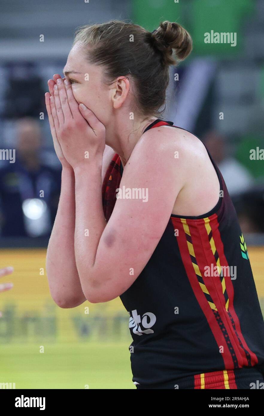 Ljubljana, Slowenien. 25. Juni 2023. Die belgische Emma Meesseman feiert das Finale des Basketballspiels zwischen der belgischen Nationalmannschaft „die belgischen Katzen“ und Spanien am Sonntag, den 25. Juni 2023 in Ljubljana, Slowenien, bei der FIBA Women EuroBasket 2023 Europameisterschaft in Israel und Slowenien. Es ist das erste Finale überhaupt für Belgien. BELGA PHOTO VIRGINIE LEFOUR Kredit: Belga News Agency/Alamy Live News Stockfoto