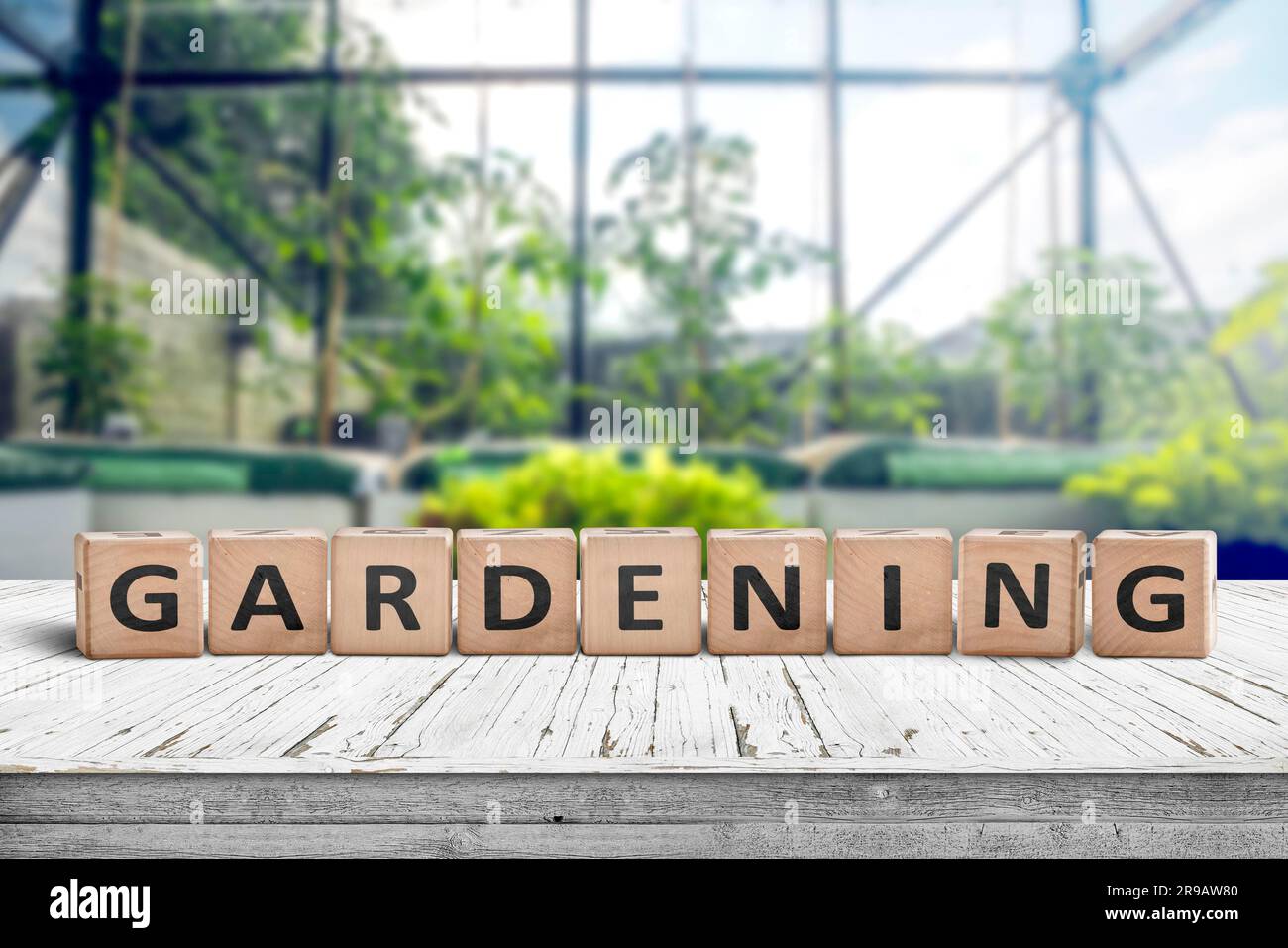 Gartenarbeit Anmelden ein grünes Haus auf einem Holztisch in helles Licht in den Frühling Stockfoto