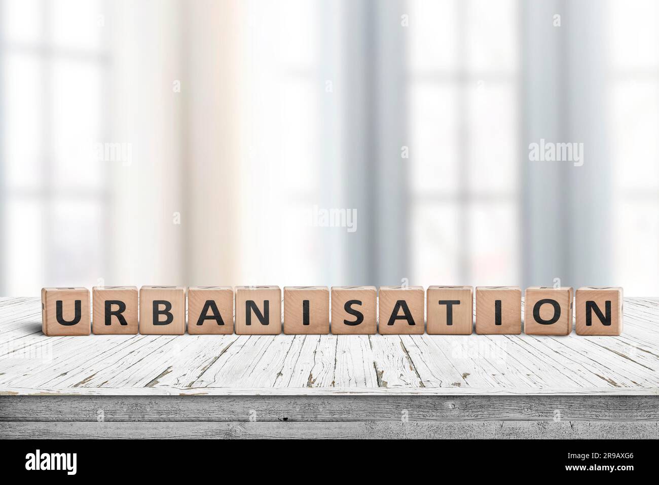 Urbanisierung Zeichen in einem hellen Büro in einer großen Stadt mit einer wachsenden Bevölkerung Stockfoto