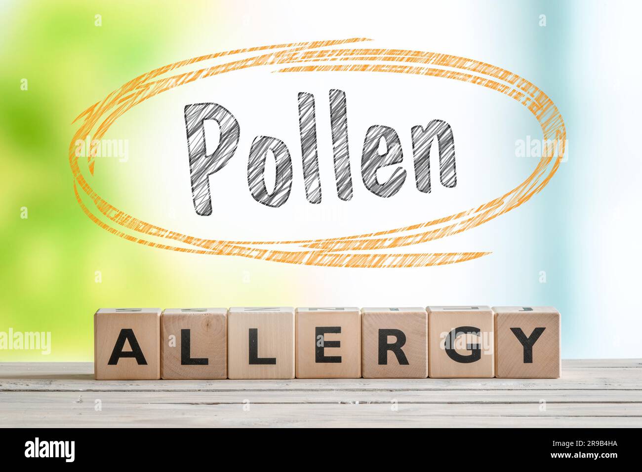 Pollen Allergie Überschrift mit einem Holzschild auf einem Natur-Hintergrund Stockfoto