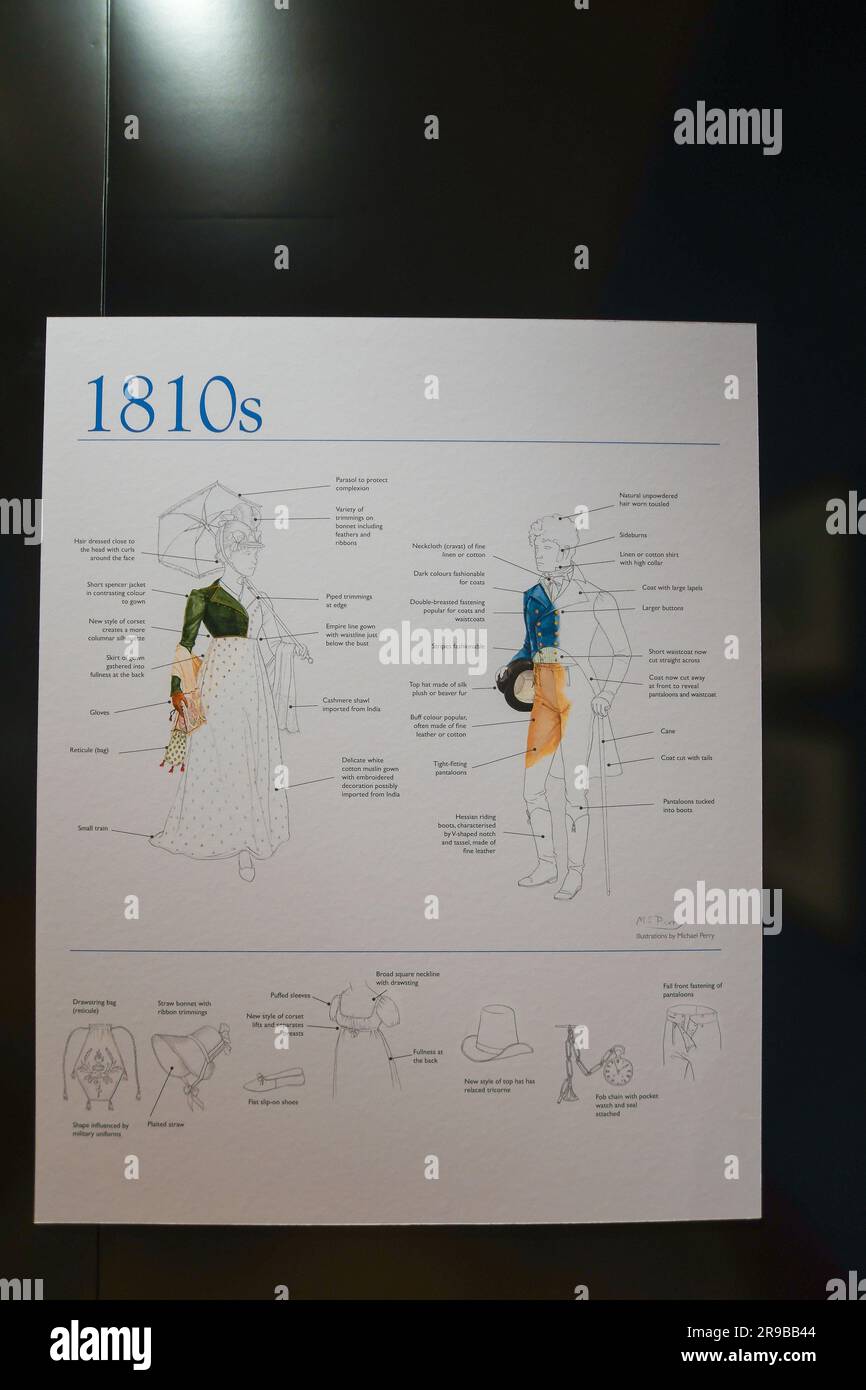 London, Großbritannien, 20. April 2023, im April wurde eine neue Ausstellung in der Queen's Gallery im Buckingham Palace eröffnet. Es geht nur um die Mode, die die Georgier trugen. Es geht nicht nur um die Kleidung, die die Königliche Hoheit trug, sondern auch um die Gesellschaft. Das Herzstück der Ausstellung ist das früheste noch existierende Hochzeitskleid von George IV.'s Daughter Princess Charlotte of Wales, das zum ersten Mal seit über einem Jahrzehnt ausgestellt wird. Andrew Lalchan Photography/Alamy Live News Stockfoto