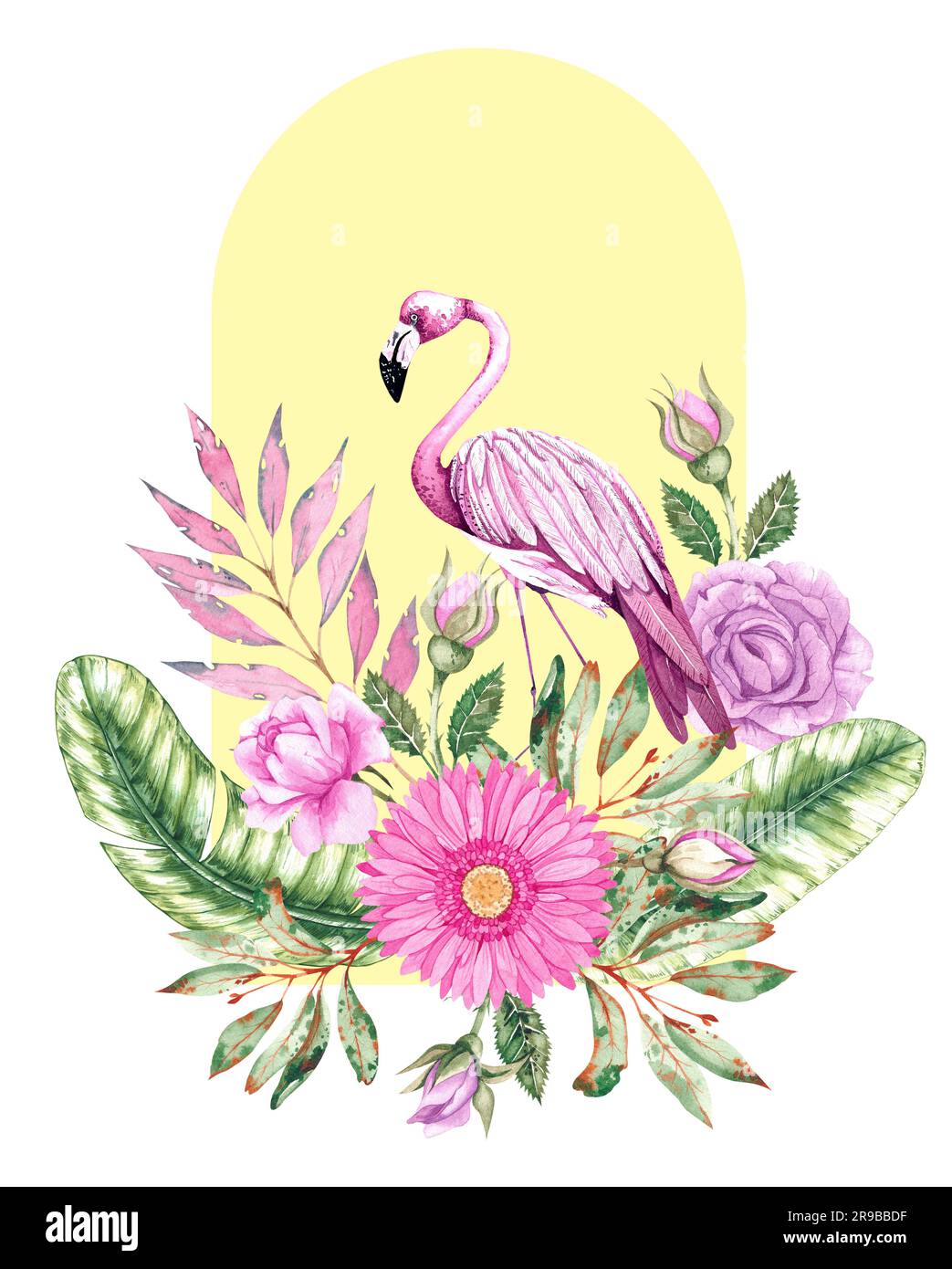 Tropische geometrische Zusammensetzung mit Flamingos, Bananenblättern, Blumen. Collage mit wässrigen Elementen, die auf Weiß isoliert sind. Handgezeichnete Aquarellflami Stockfoto