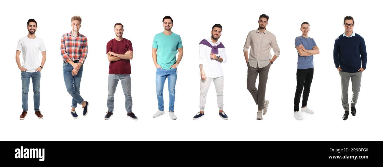 Collage mit Längsporträts von Männern auf weißem Hintergrund Stockfoto