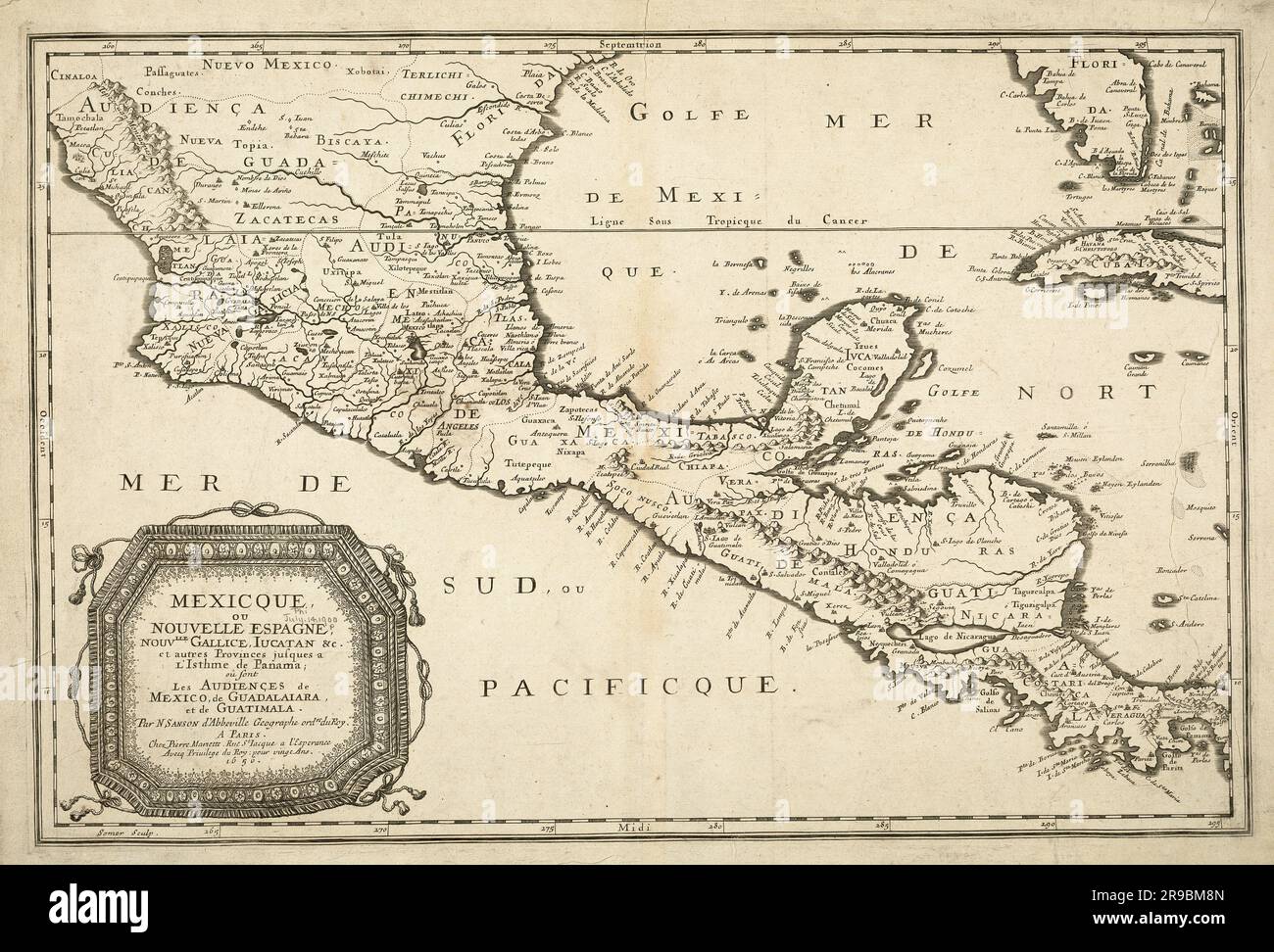 Alte Karte des neuen Spaniens aus dem 17. Jahrhundert mit Geografie von Mexiko, Mittelamerika und der Karibik 1656, von Nicolas Sanson (1600-1667) Stockfoto