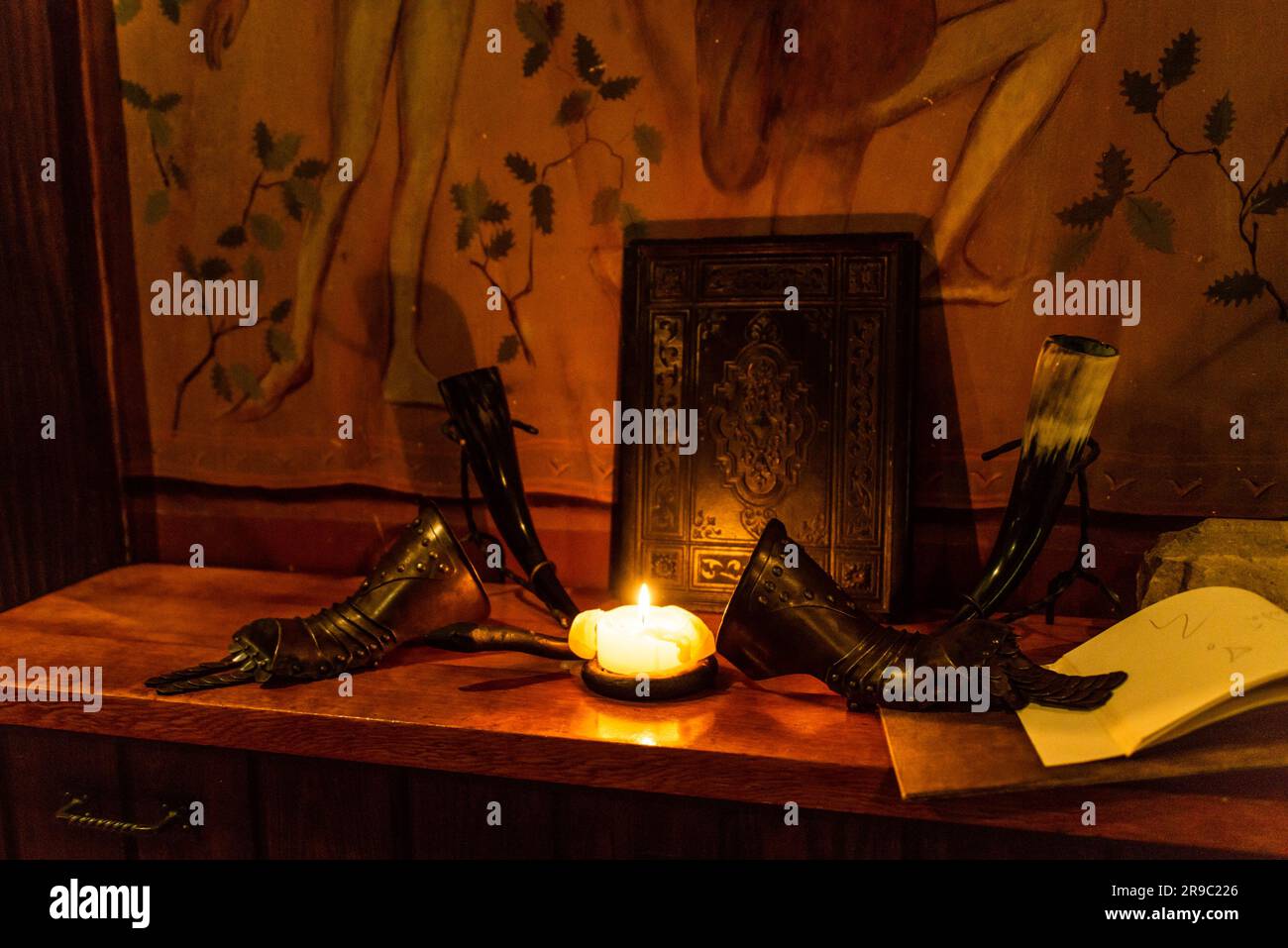 Unauffälliges Bild einer wunderschönen Königin oder Königshandrüstung vor der alten Buchfantasie aus dem Mittelalter. Stockfoto