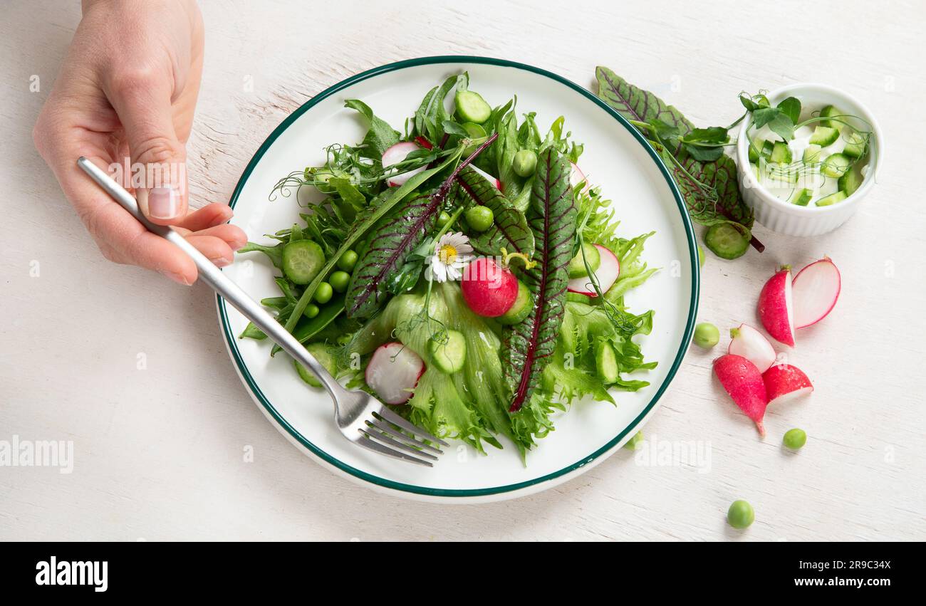 Vitamin-Frühlingssalat. Salat aus frischem Gemüse und Kräutern. Konzept der gesunden Ernährung. Vitamine gegen Immunität. Essen für Vegetarier auf weißem Hintergrund Stockfoto