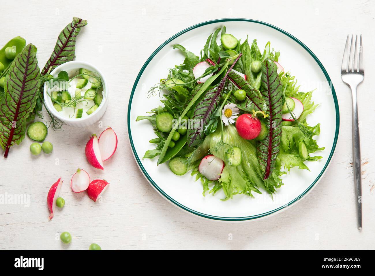 Vitamin-Frühlingssalat. Salat aus frischem Gemüse und Kräutern. Konzept der gesunden Ernährung. Vitamine gegen Immunität. Essen für Vegetarier auf weißem Hintergrund Stockfoto