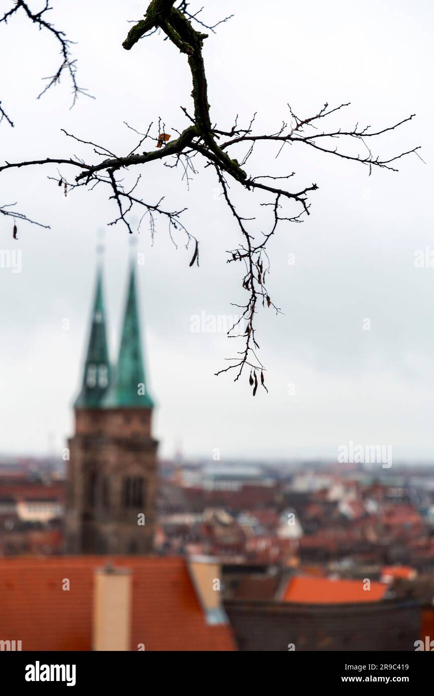 Unschärfe-Blick auf Nürnberg mit den Türmen der Lorenzkirche hinter einem Baumzweig, Deutschland Stockfoto