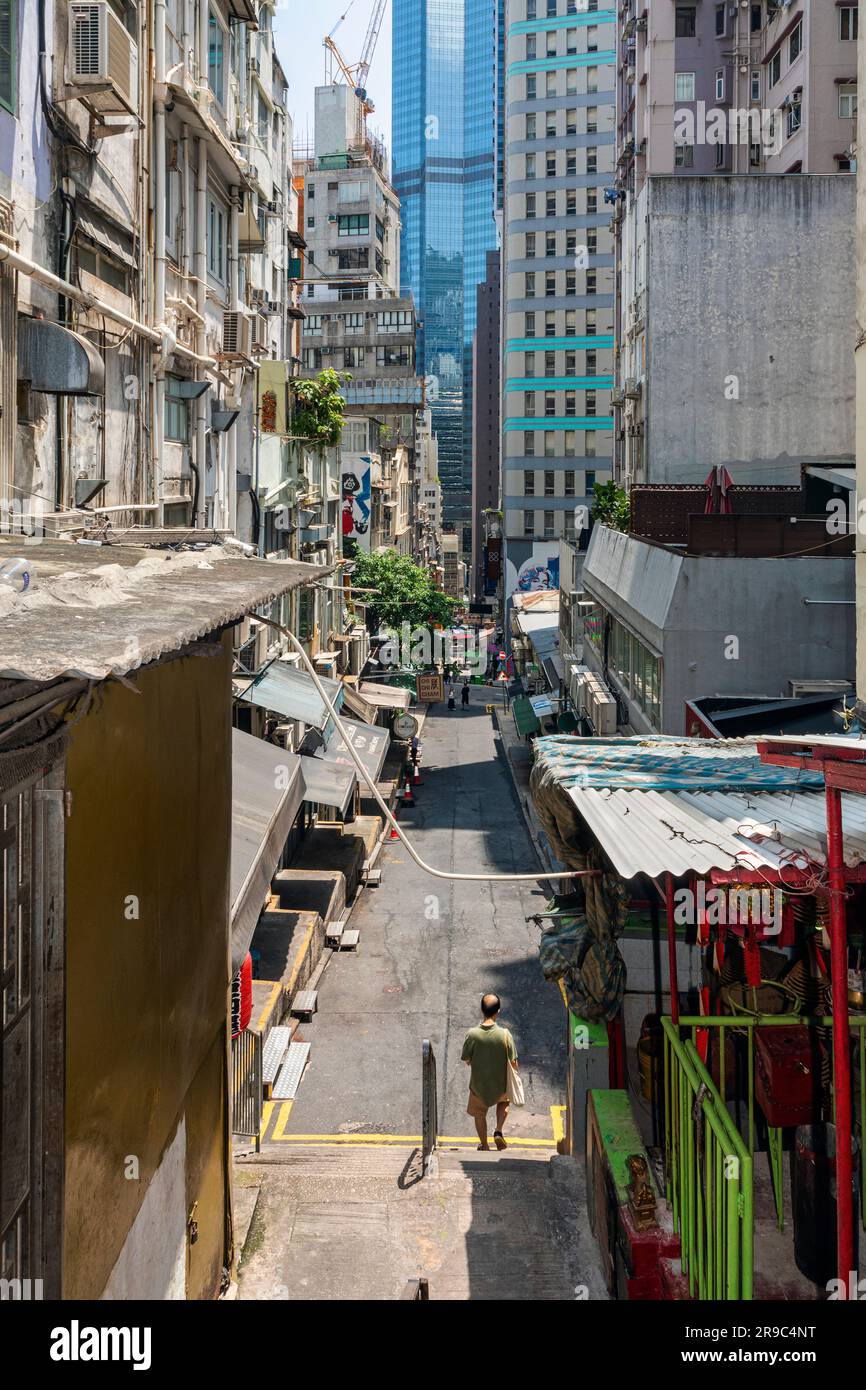 Straßenmarkt, steiler Hang, hohe Gebäude, Landschaft, mittlere Ebenen, Hongkong, SAR, China Stockfoto