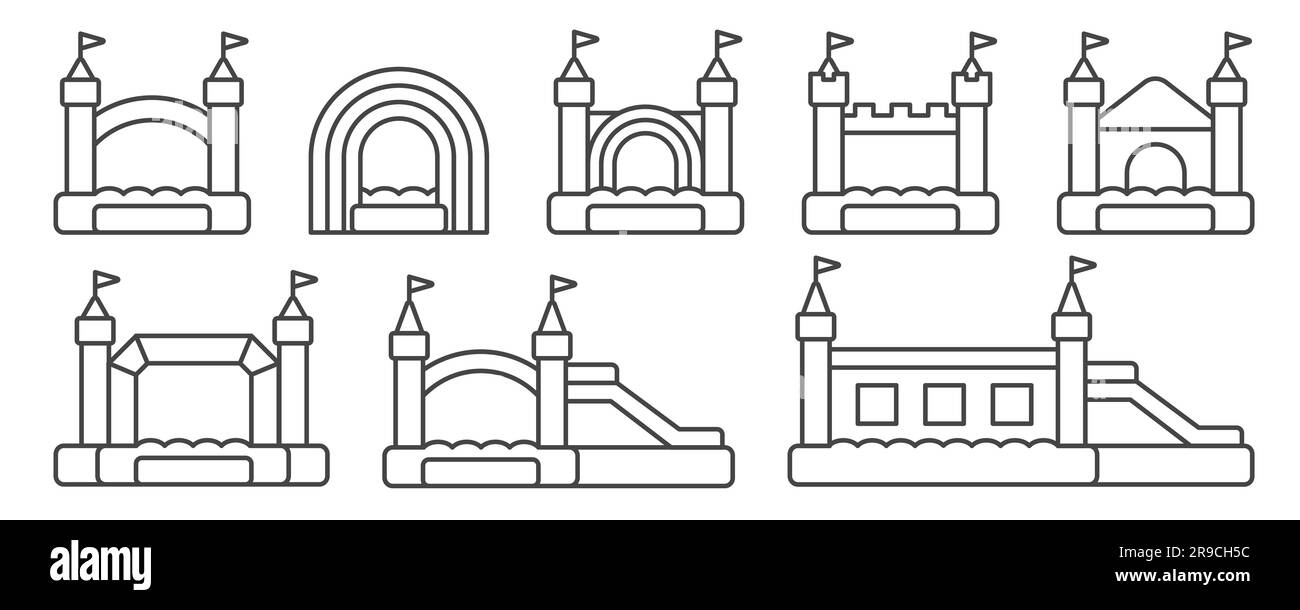 Aufblasbare Hüpfschilder der Burg. Vektor-Trampolin-Umriss-Piktogramme für das Springspiel isoliert auf weißem Hintergrund. Stock Vektor