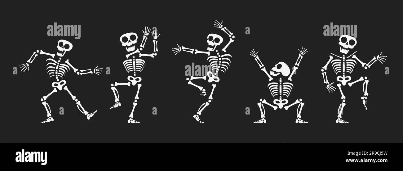 Skelette tanzen mit verschiedenen Positionen flaches Design Vektorbildungs-Set. Lustiger Tanz Halloween oder Day of the Dead Skeletons Sammlung. Stock Vektor