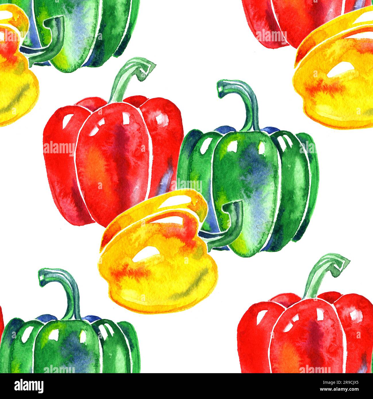 Wasserfarbenes, nahtloses Muster mit gelber, roter und grüner Paprika. Stockfoto