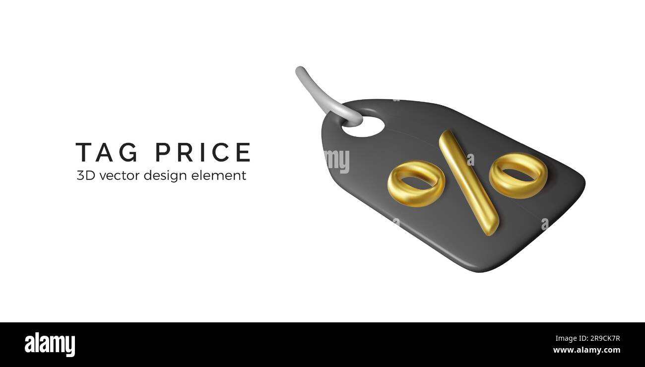 Schwarzes Preisschild mit goldenem Prozentsymbol 3D. Ermäßigtes Urlaubsangebot. Sonderangebot am Black friday. Realistisches Designelement für Werbebanner. Stock Vektor