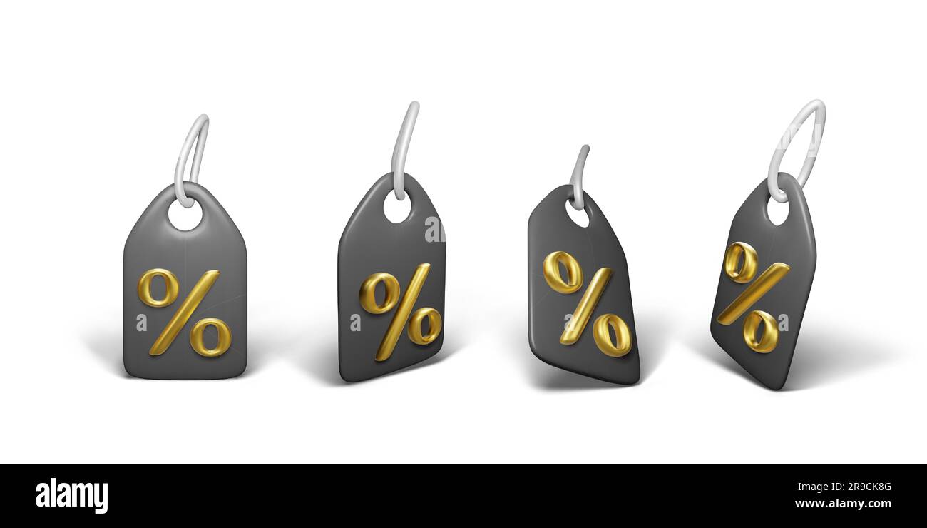 Preisschild für schwarzes Papier mit goldenem Prozentzeichen. Designelement der Weihnachtsaktion. Rabattgutschein im Wert von 3D $. Etiketten für Sonderangebote. Vektorillus Stock Vektor