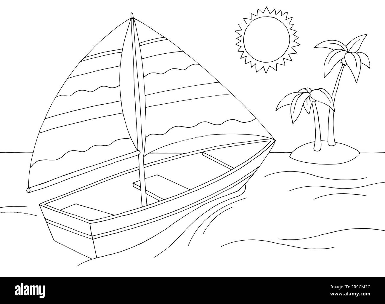 Das Segelboot segelt in Richtung der Inselgrafik Schwarzweiß Meerskizze Illustrationsvektor Stock Vektor