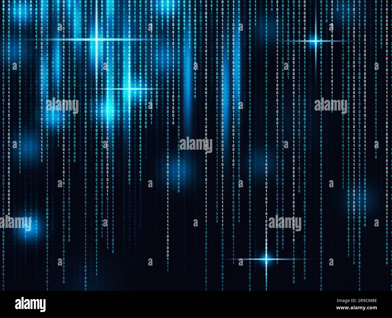 Binärcode im digitalen Raum. 1s und 0s auf schwarzem Hintergrund Stockfoto