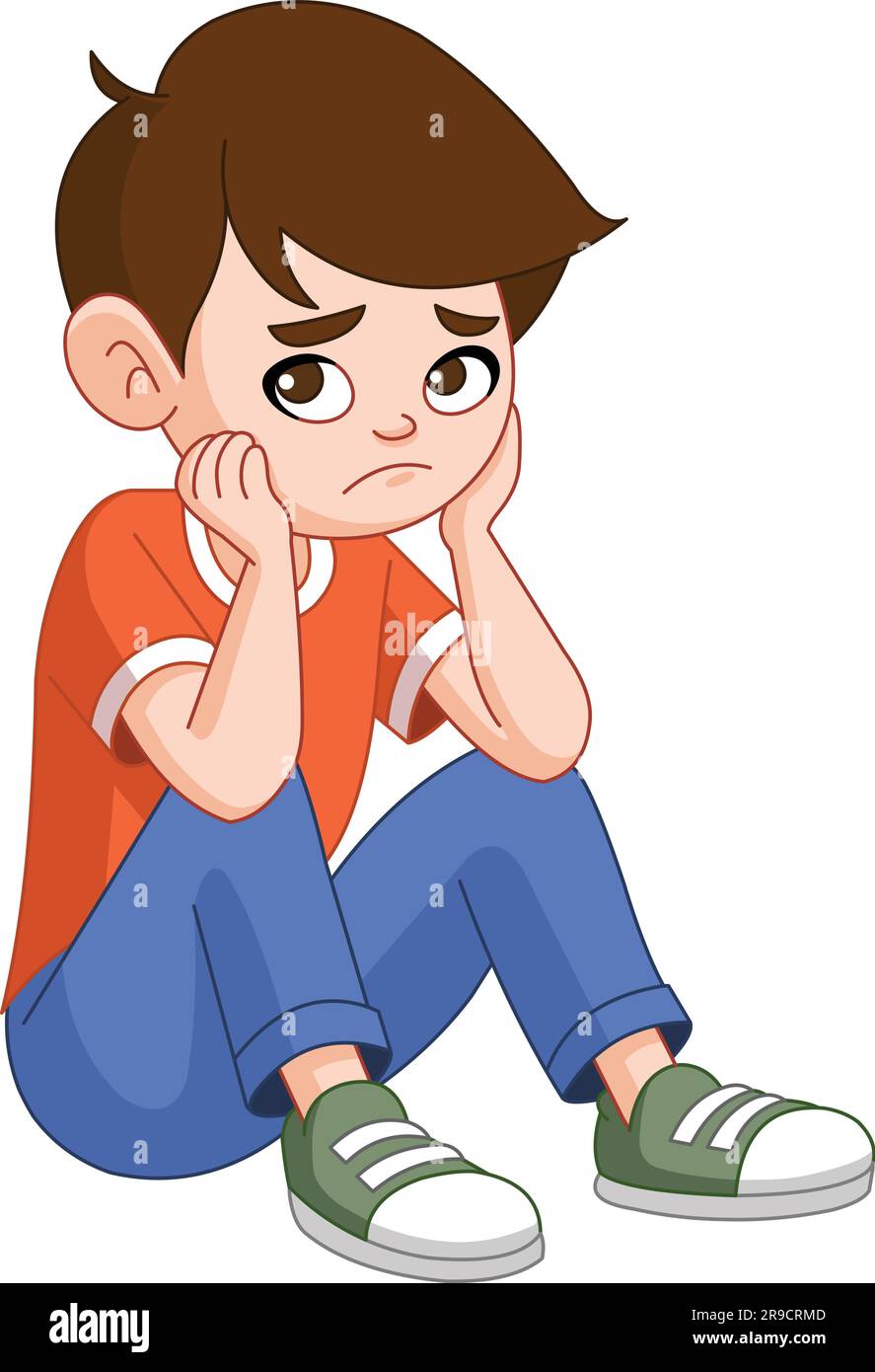Ein Junge mit einem traurigen oder nachdenklichen Gesichtsausdruck sitzt auf dem Boden Stock Vektor