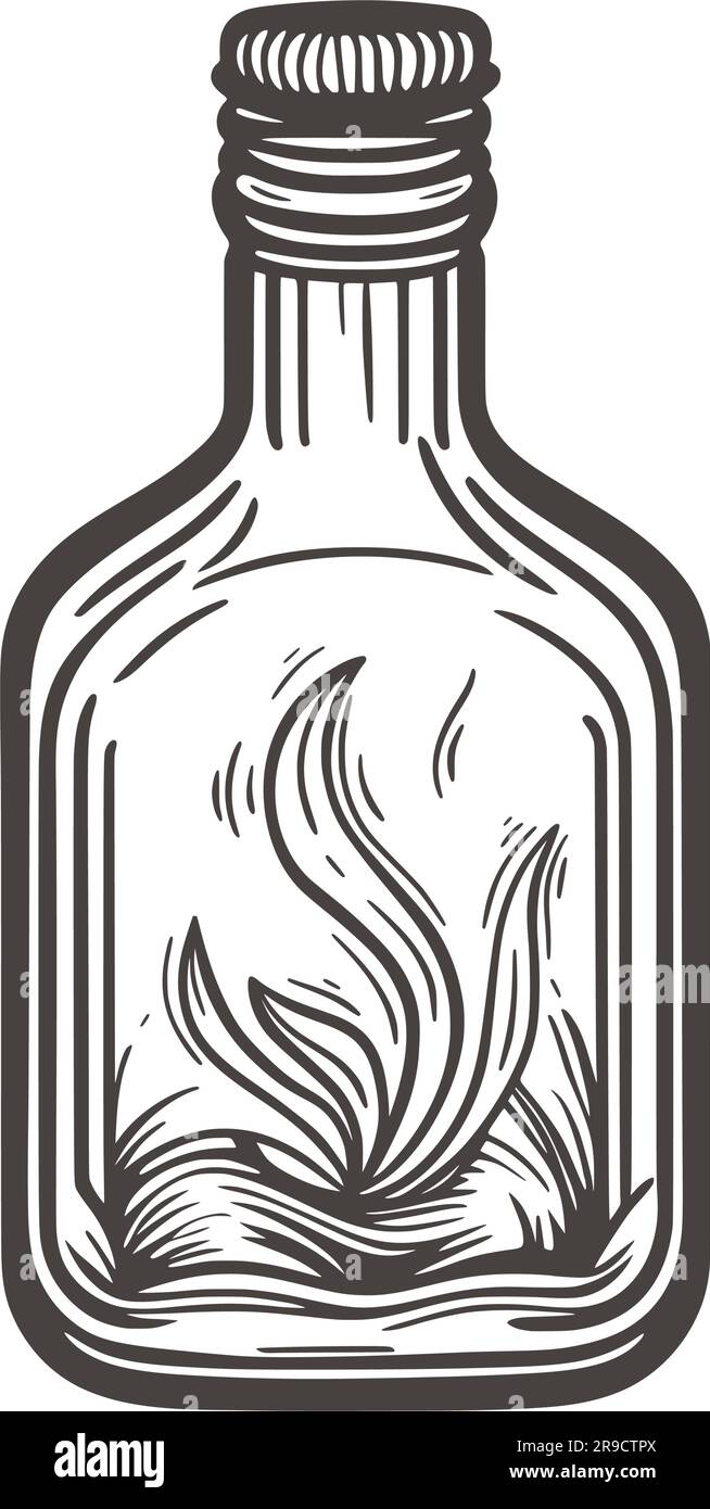Versiegelte Flasche mit Flüssigkeit aus dem Vintage-Stil. Glasflasche mit Kräuterinfusion, handgraviert. Skizzieren Sie den Trank im Behälter, Darstellung isolierter Vektoren Stock Vektor