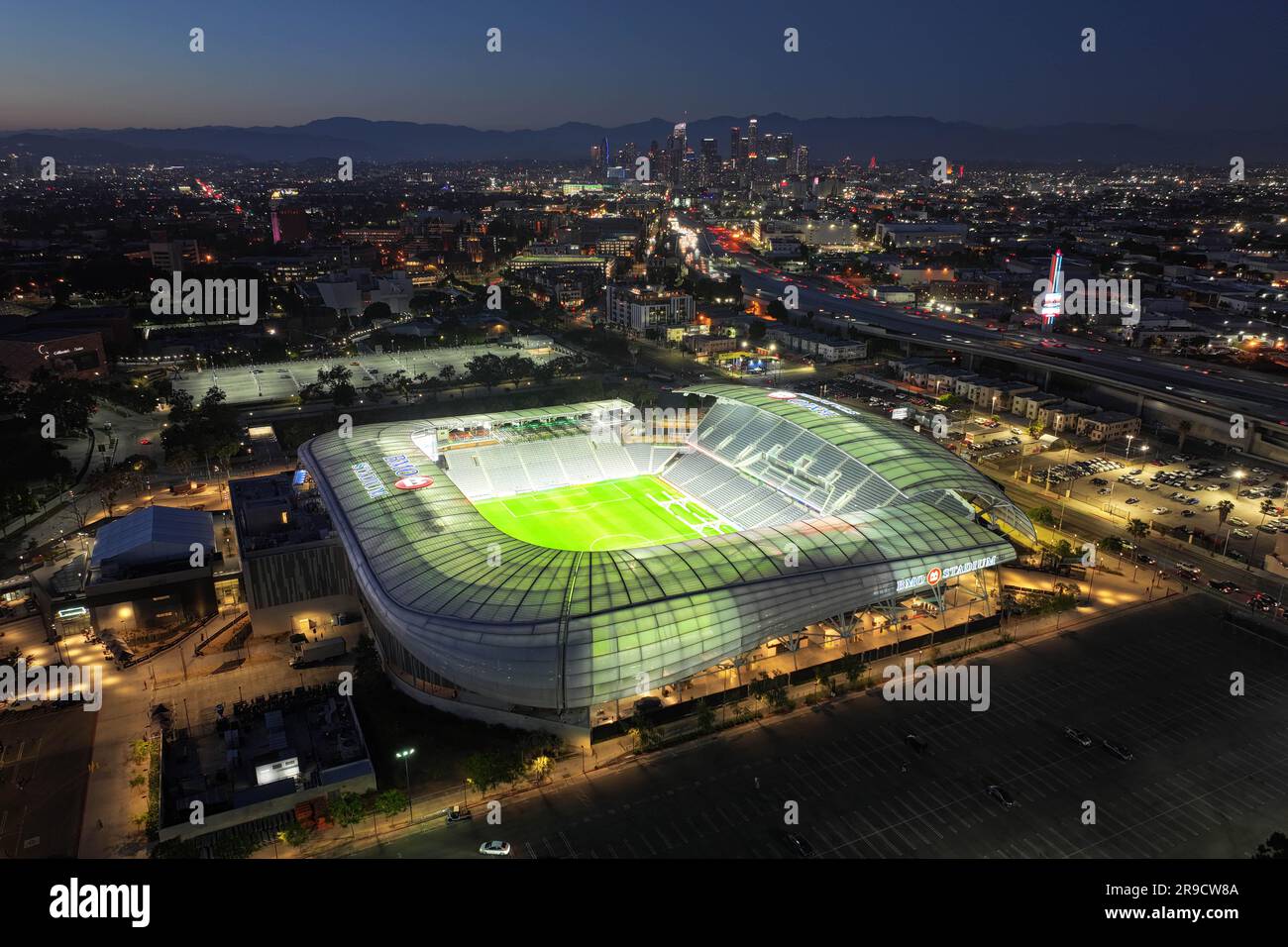 Eine allgemeine Luftaufnahme des BMO Stadions, Sonntag, 25. Juni 2023, in Los Angeles. Stockfoto
