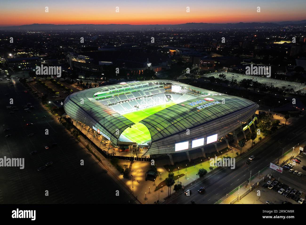 Eine allgemeine Luftaufnahme des BMO Stadions, Sonntag, 25. Juni 2023, in Los Angeles. Stockfoto