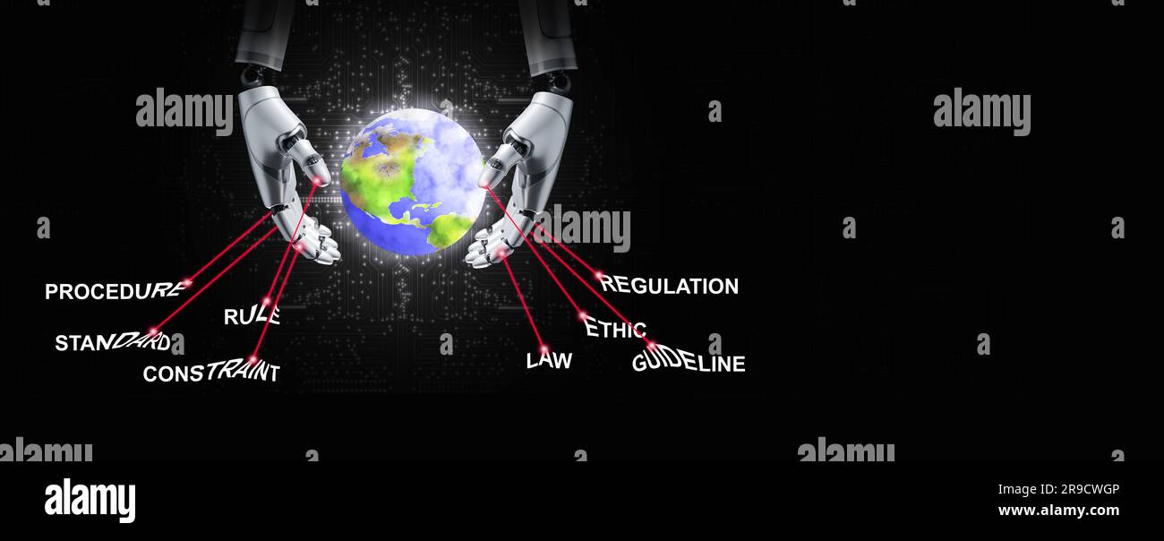 Regulierung der KI-Entwicklung. Eine klare Politik für künstliche Intelligenz hilft, ihren Missbrauch zu regulieren und zu verhindern. Die Roboterhand wird von gezogen und gesteuert Stockfoto