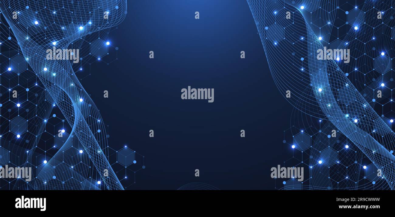 Moderner abstrakter wissenschaftlicher Hintergrund mit sechseckigen Formen, Linien und Punkten. Innovatives Konzeptdesign mit Sechsecken und Wellenfluss. Molekularstruktur Stockfoto