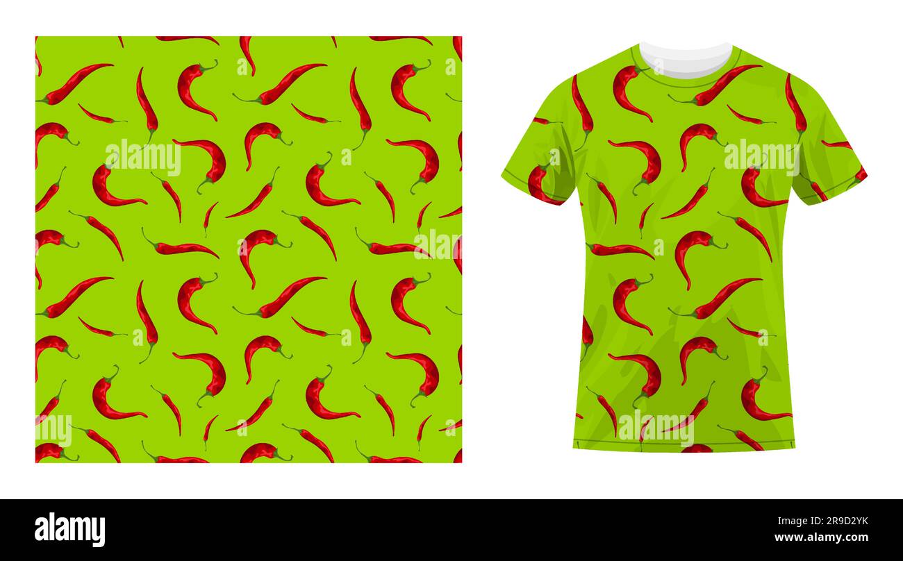 Kurzärmeliges Sport-T-Shirt aus Baumwolle mit warmem roten Pfeffer für mexikanische Gerichte. Muster mit heißem Chili. Bequeme Sommerkleidung. Vektorschmuck Stock Vektor