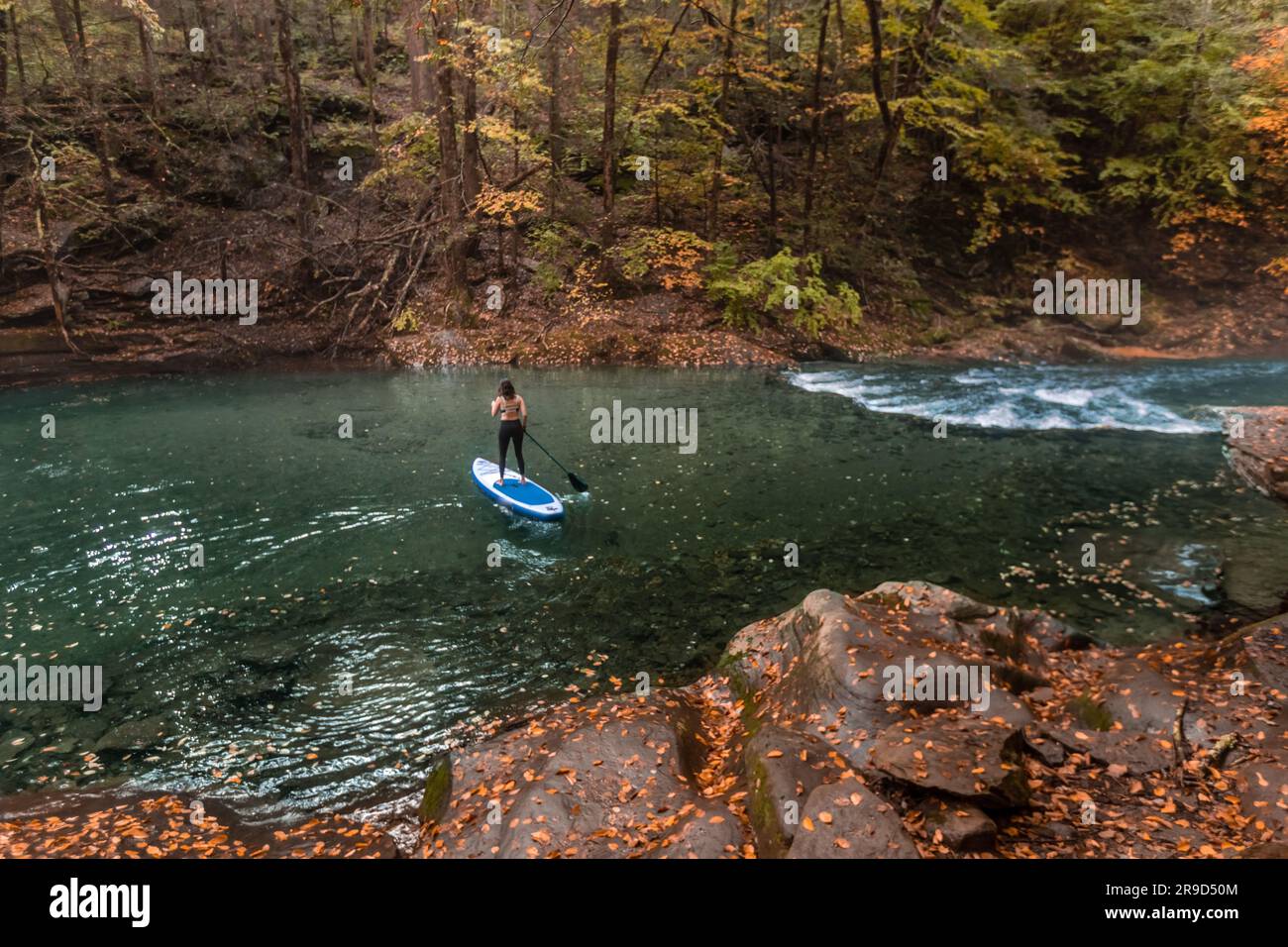 Frau paddelt in einer Herbstszene auf einem klaren Fluss Stockfoto