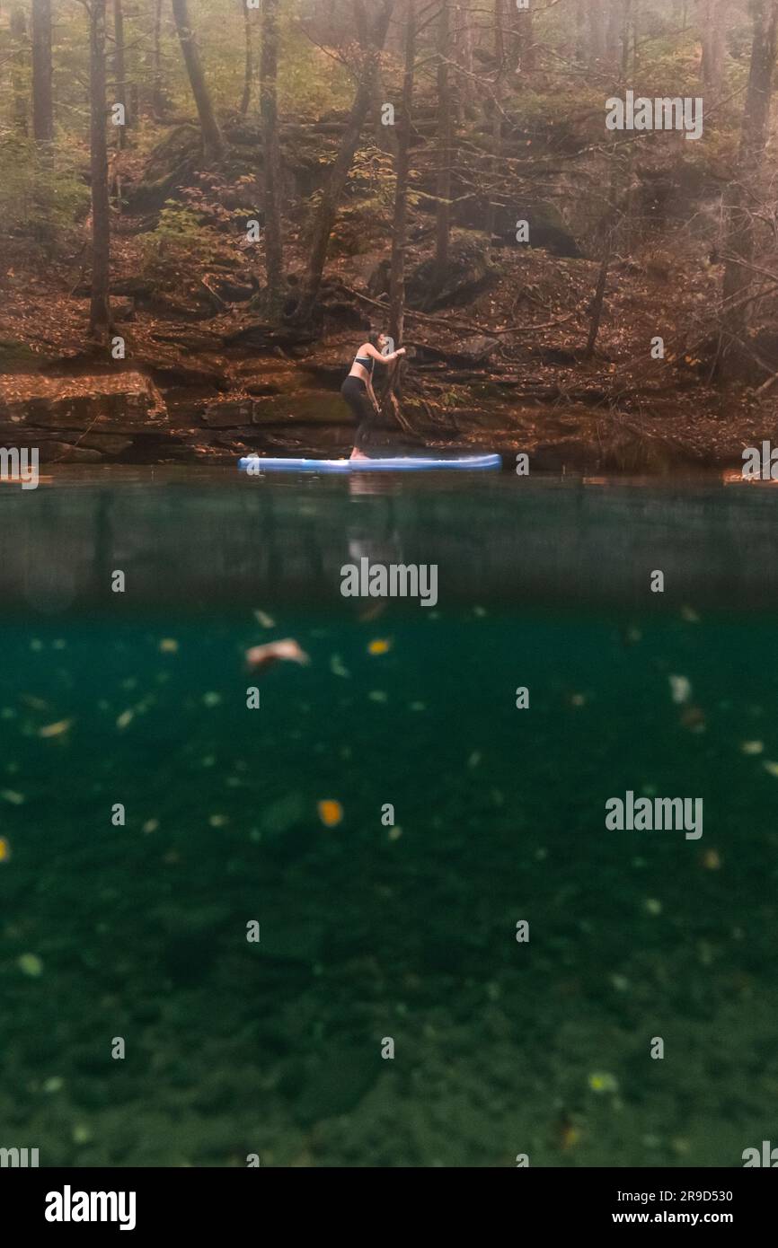 Frau paddelt in einer Herbstszene auf einem klaren Fluss Stockfoto