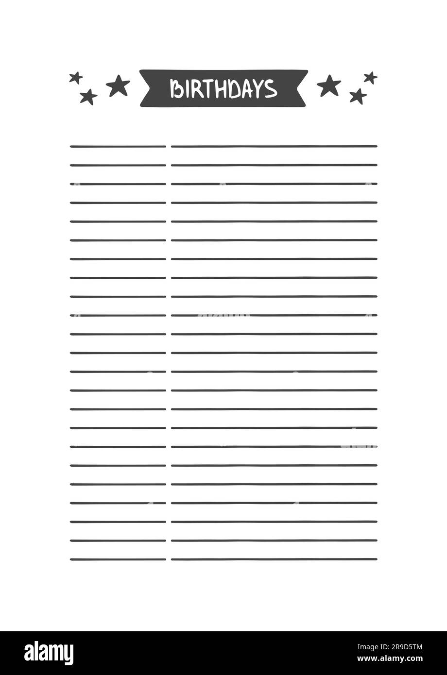 Geburtstage. Vektorvorlage für Terminkalender, Planer und andere Schreibwaren. Druckbarer Organisator für Studium, Schule oder Arbeit. Stock Vektor