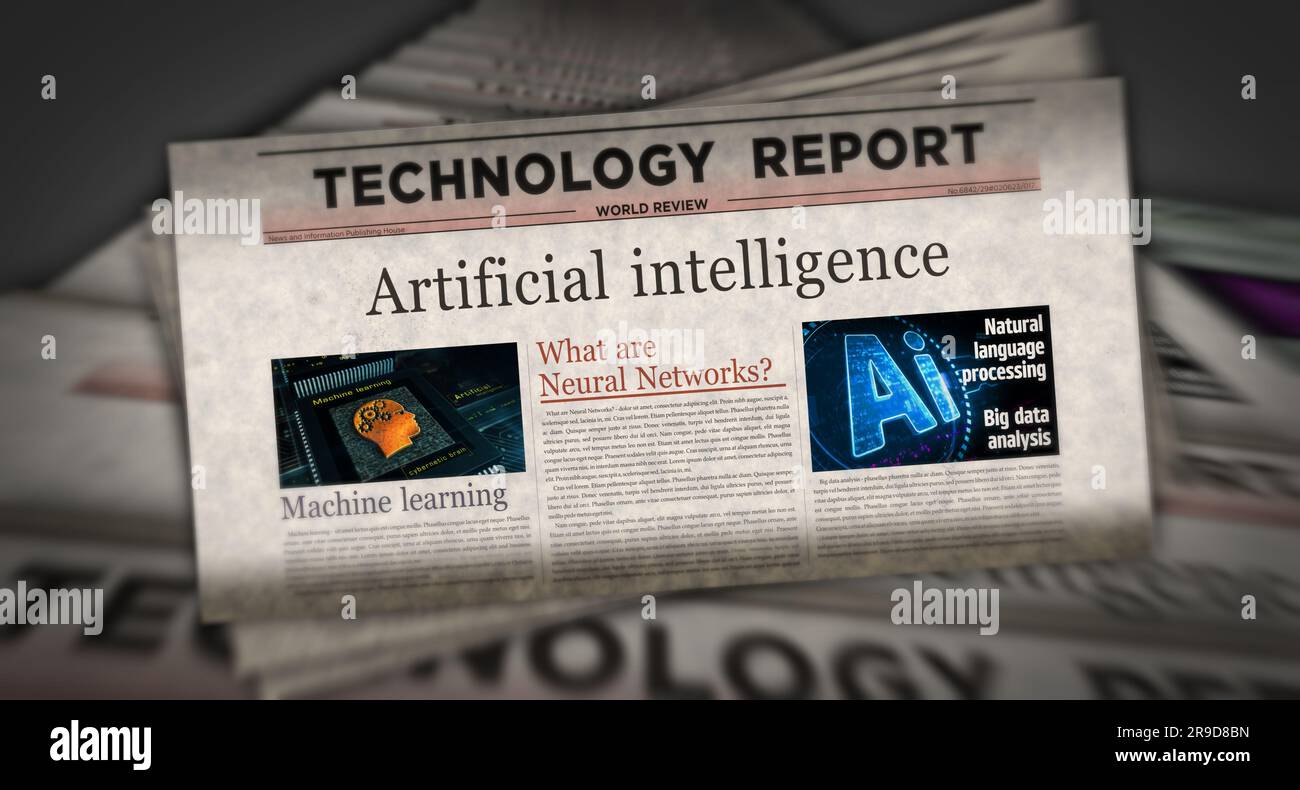 Künstliche Intelligenz Deep Machine Learning Vintage News und Zeitungsdruck. Abstrakte Darstellung der Überschriften im Retro-Design 3D. Stockfoto