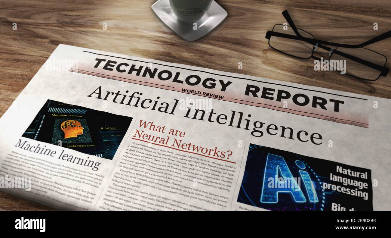 Künstliche Intelligenz Deep Machine Learning Tageszeitung auf dem Tisch. Überschriften Nachrichten Abstraktes Konzept 3D Illustration. Stockfoto