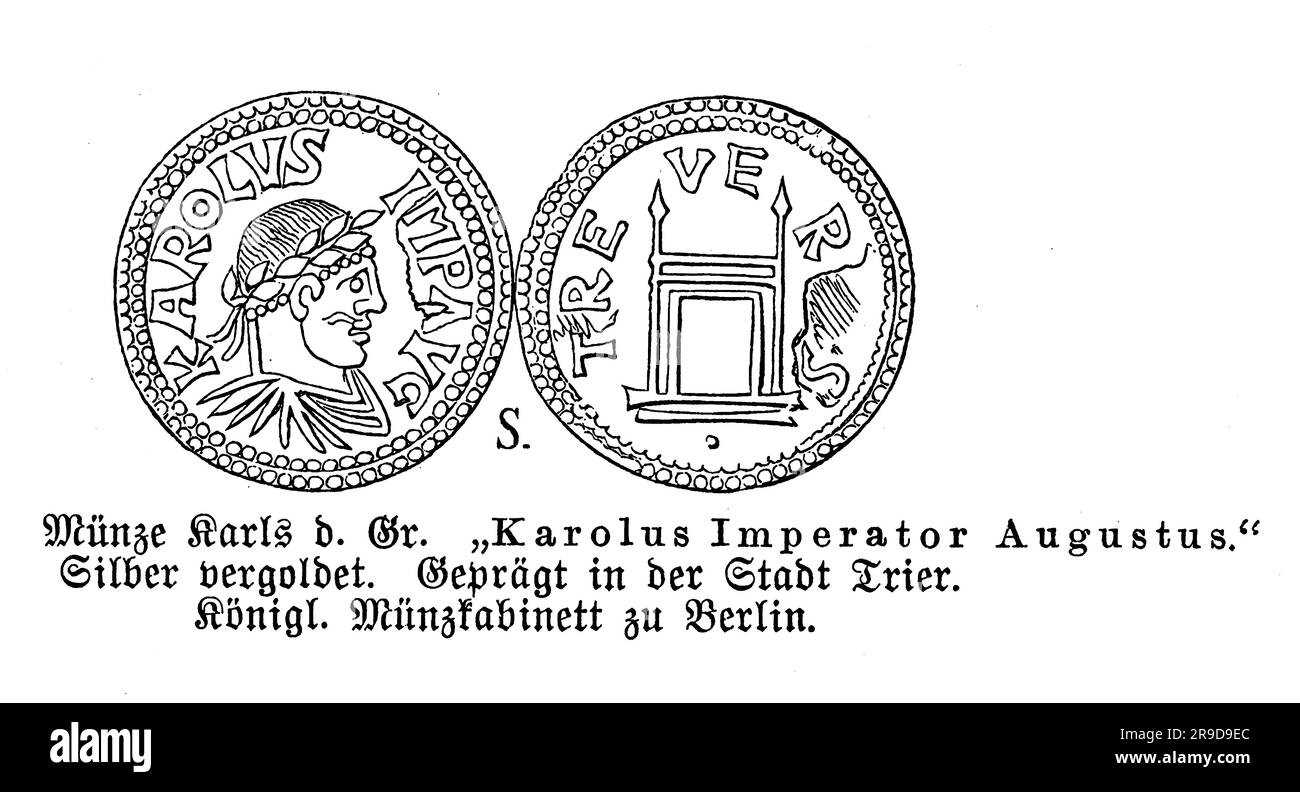 Silbervergoldeter Denarius Karl des Großen mit der Inschrift Karolus Imperator Augustus, 9. Jahrhundert Stockfoto