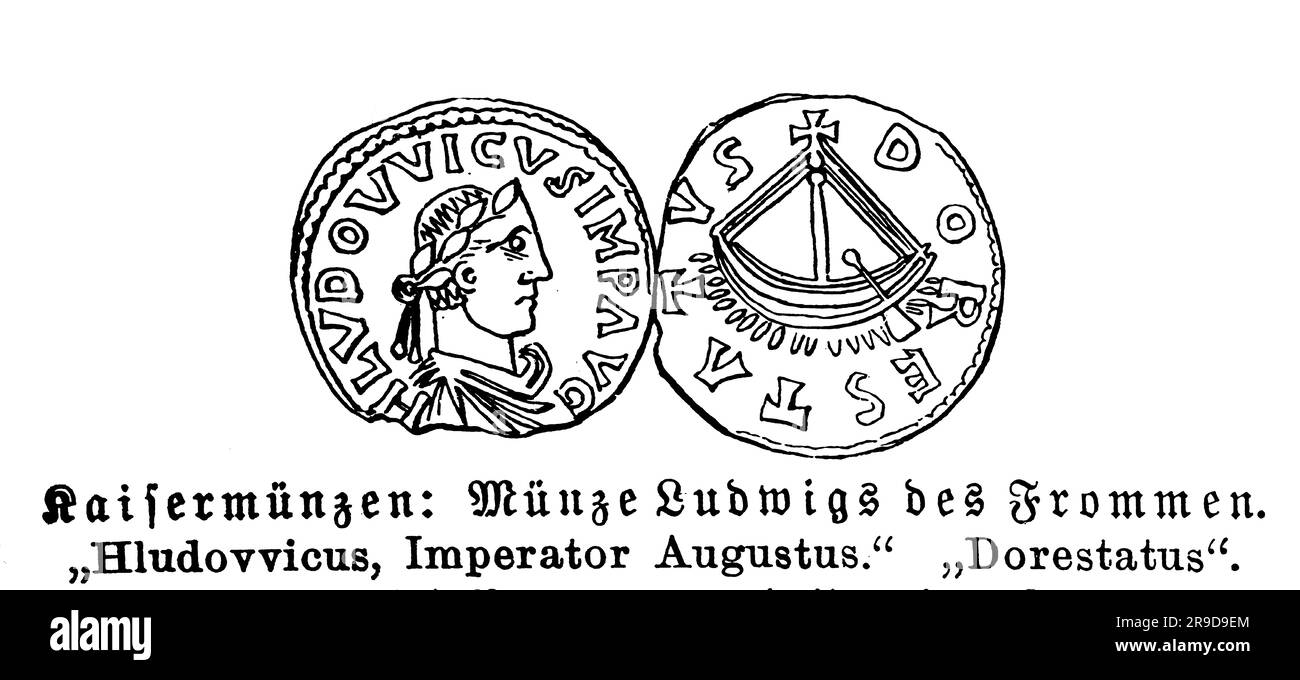 Königliche Münze von Louis, dem frommen König der Franken, Sohn Karl des Großen, 9. Jahrhundert Stockfoto