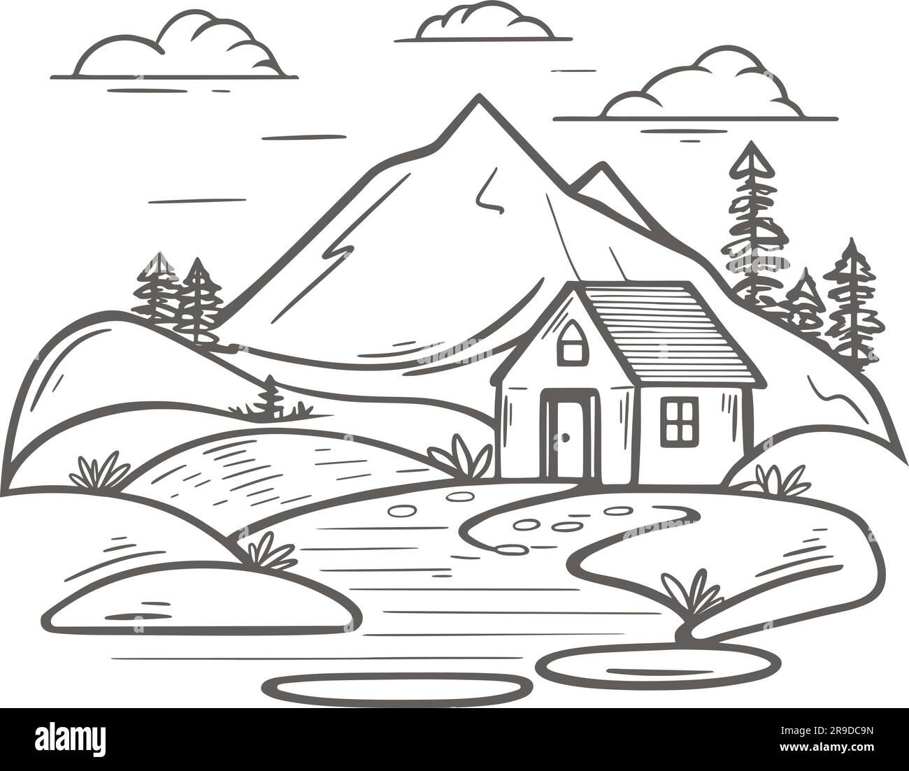 Handgraviertes ländliches Haus aus Holz. Landschaft mit Landhaus vor dem Hintergrund von Bergen und Wäldern. Ein Haus, Naturlandschaft, Tinte Stock Vektor