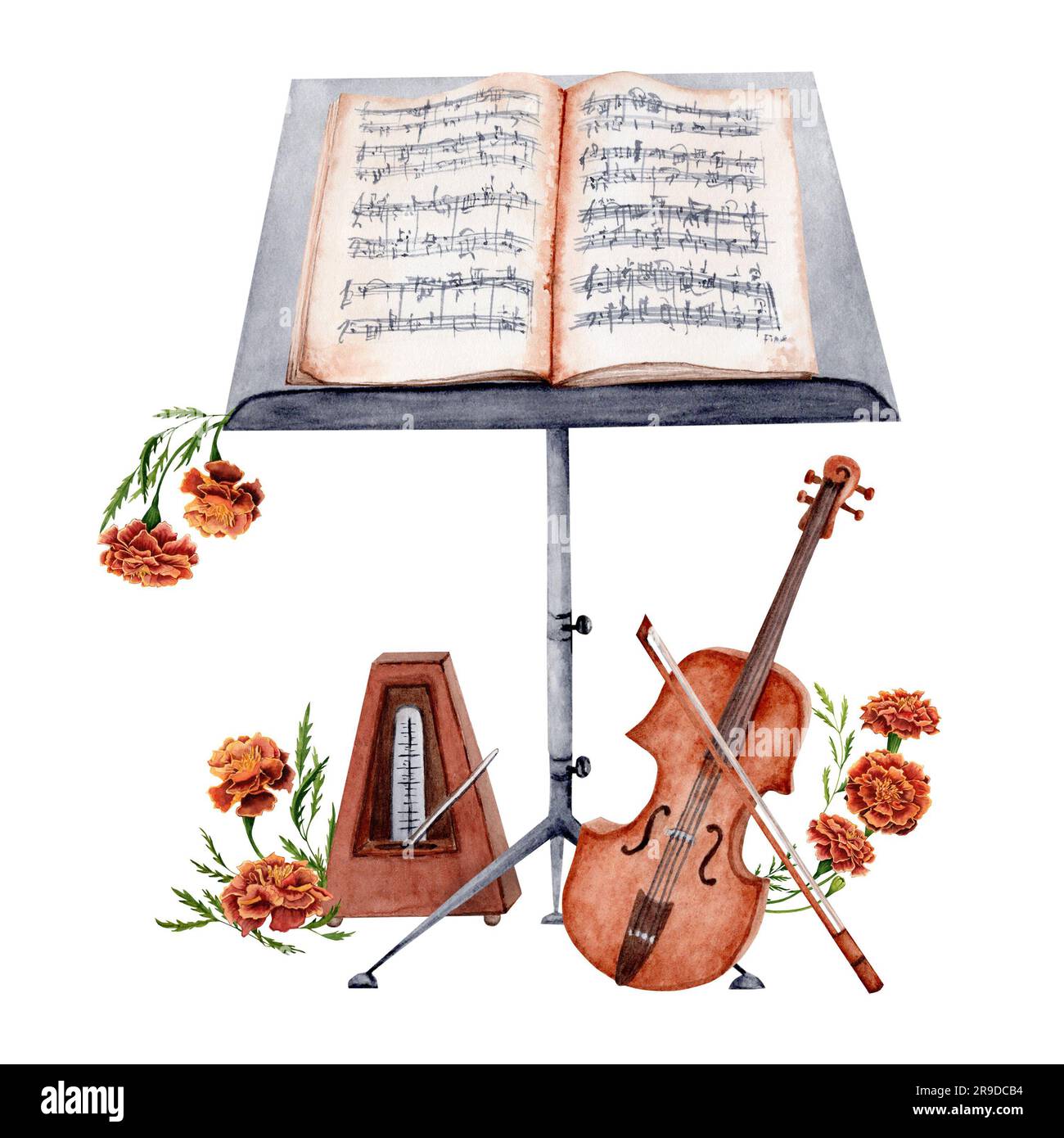 Klassisches Musikelement mit Geige, Musikstand und Metronom mit Blumen. Aquarelle Abbildung auf weißem Hintergrund. Stockfoto