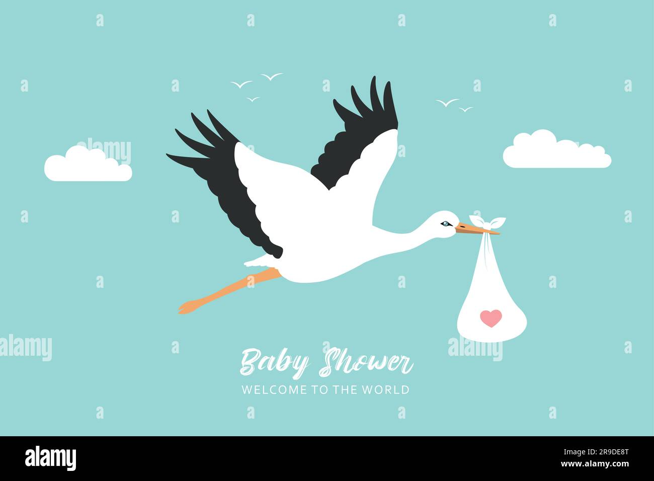 Begrüßungsgrußkarte für Babys mit Storch in blauem Himmel Stock Vektor