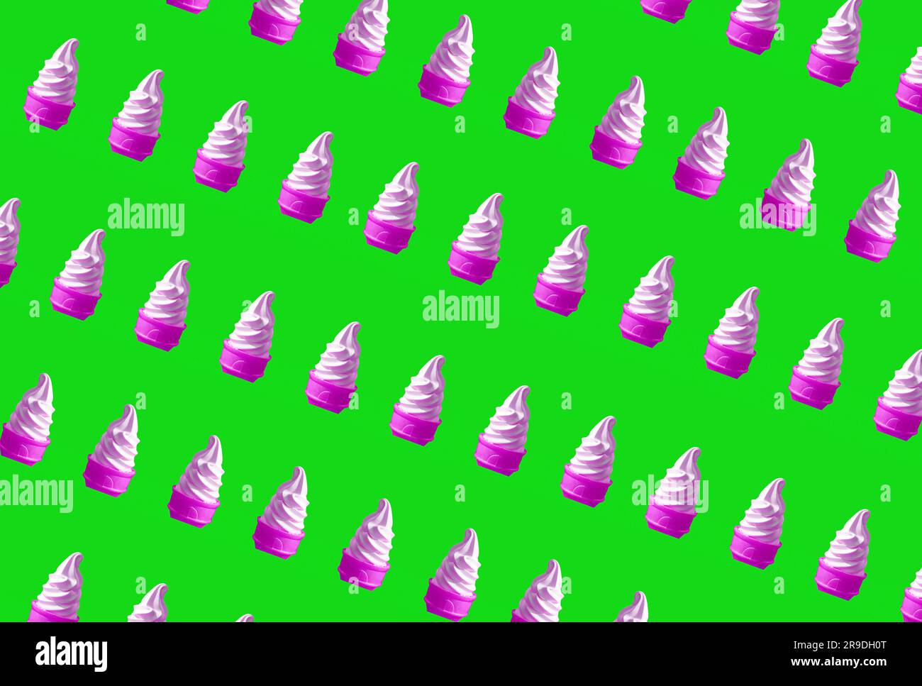 Pop Art of Purple Soft Serve Eiskegel Muster auf Limettengrün Hintergrund Stockfoto