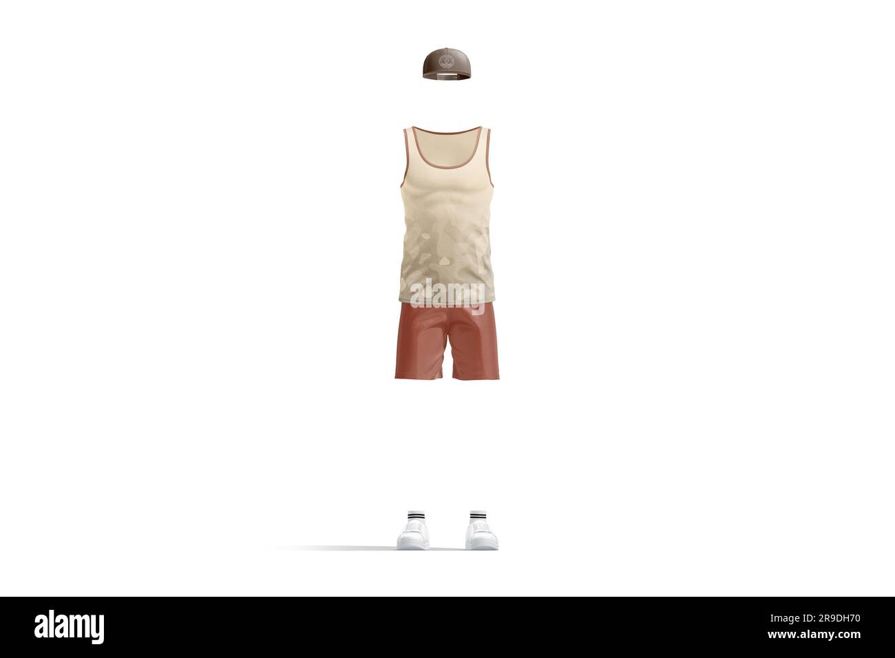 Farbloses Sportkostüm mit Tanktop, Shorts, Snapback-Modell, 3D-Rendering. Leere Straßenbekleidung für Teenager für Fußball- oder Basketballmodelle, isoliert Stockfoto