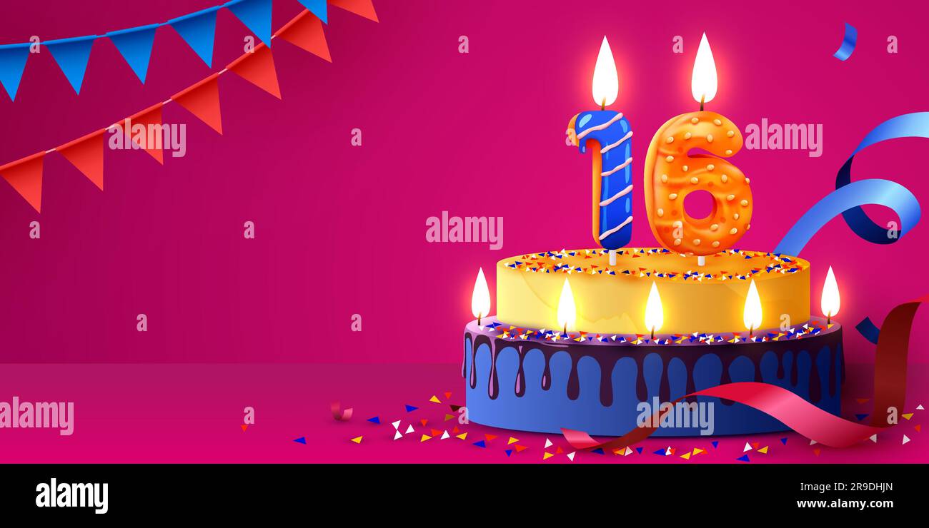 16 Jahre Jubiläum. Kuchen mit brennenden Kerzen und Konfetti. Geburtstagsbanner. Vektordarstellung Stock Vektor