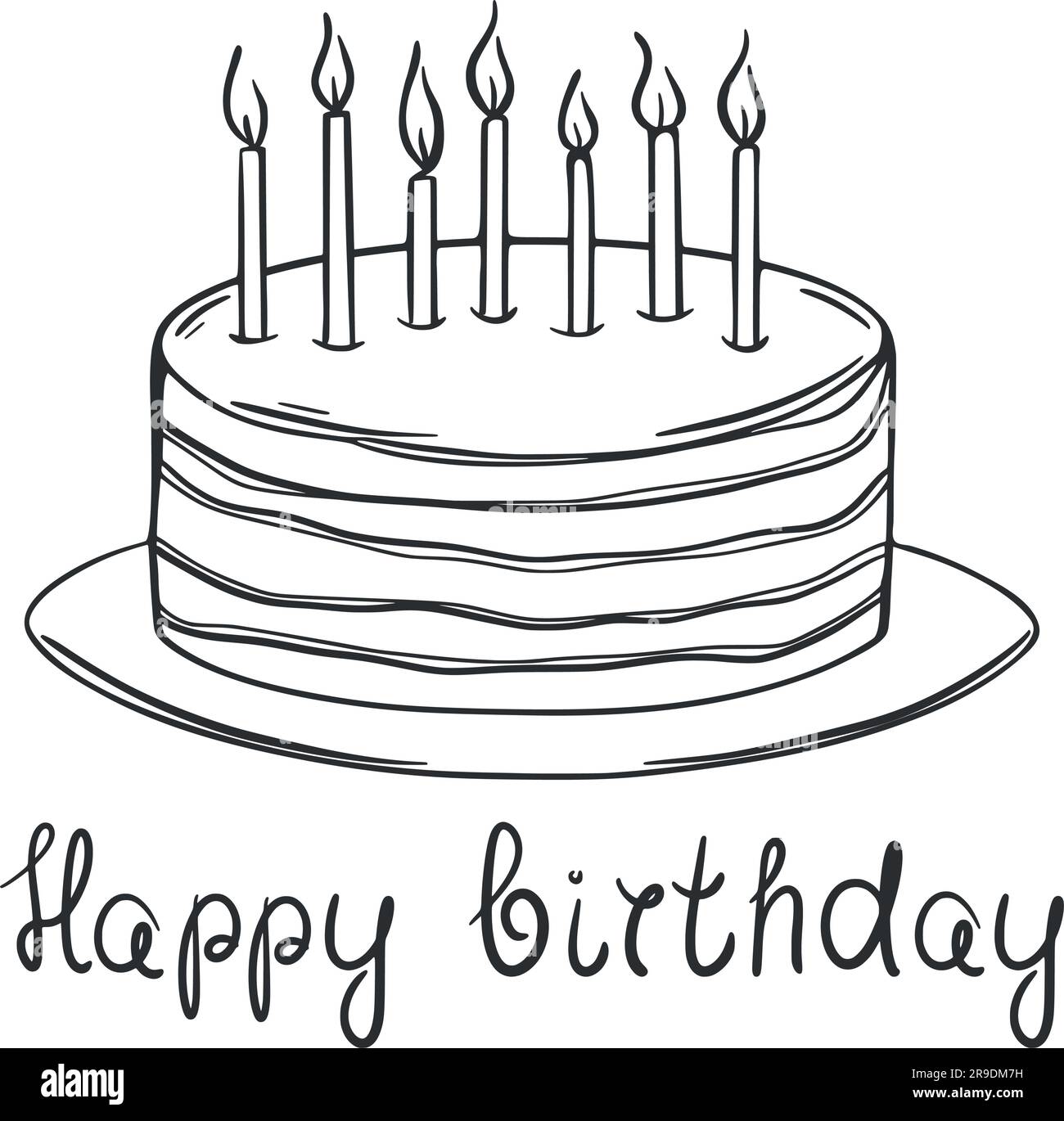 Festlicher Kuchen mit Kerzen und Inschrift alles gute zum Geburtstag. Herzlichen Glückwunsch. Mehrlagiger Kuchen mit 7 Kerzen, mit Tinte gezeichnet. Wie Süß Stock Vektor