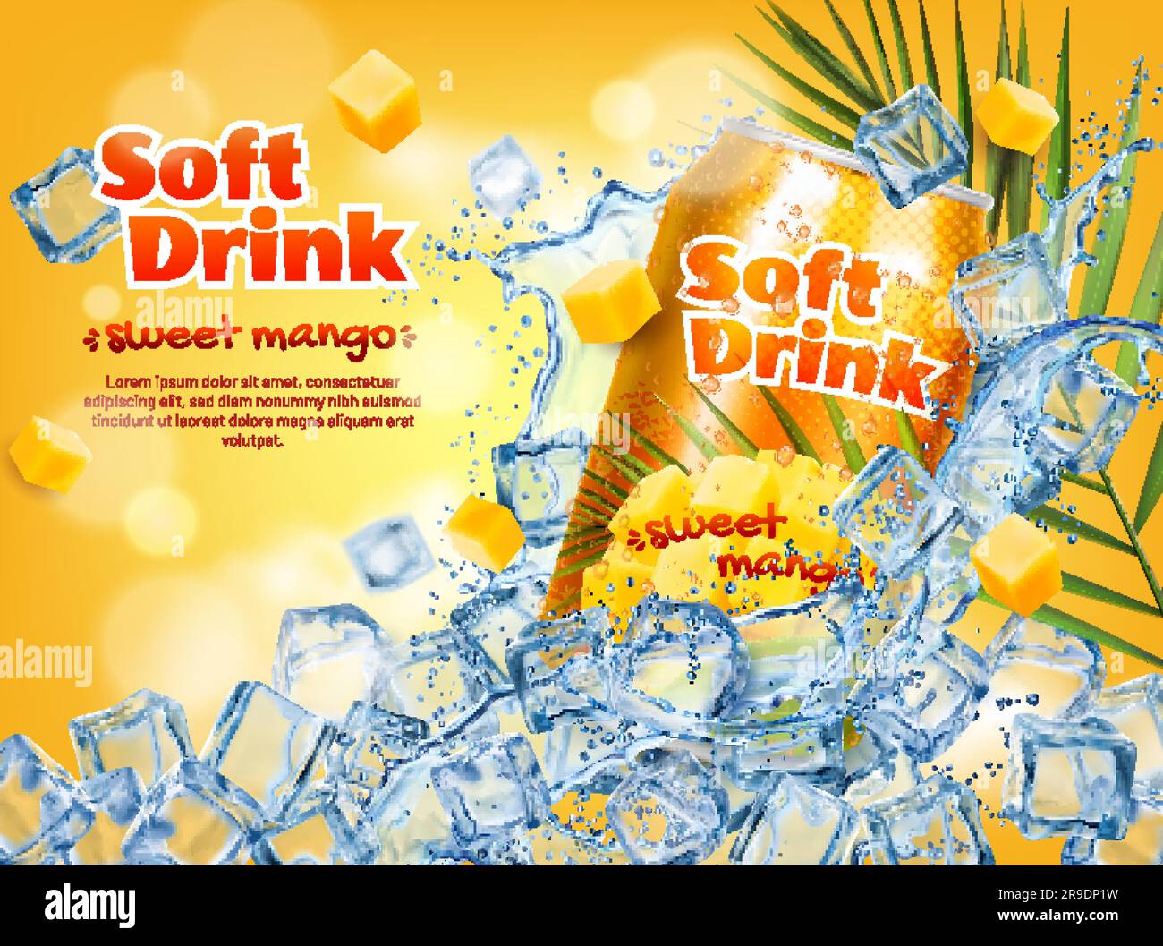 Mangofrucht-Getränkedose, Eiswürfel und Spritzer. Vector Ads Promo Poster, das die Essenz tropischen Genusses, erfrischender Kühle und aromatischem Wasser oder Limonade auf eisigen Blöcken mit Palmenblättern feststellt Stock Vektor