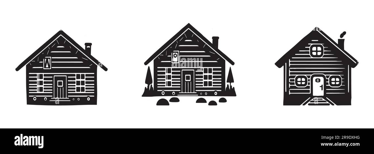 Eine Reihe von Vektordarstellungen für Holzhütten und Tannenbäume. Maskuline Outdoor-Reise im nordischen Linocut-Chalet in skandinavischer Urlaubsgruppe Stock Vektor