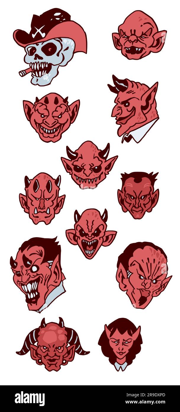 Satz handgezeichneter Kopf Illustration von Gargoyle, isoliert auf weißem Hintergrund, mit flachen roten Linien Kunstfarben. Stockfoto